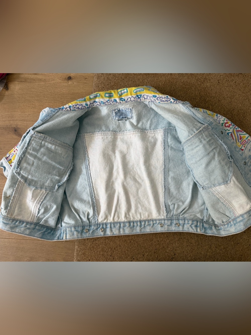 Jordache Light Wash Denim Crop Jacket with Yellow, Pink, Green & Blue Print - Picture 4 of 16